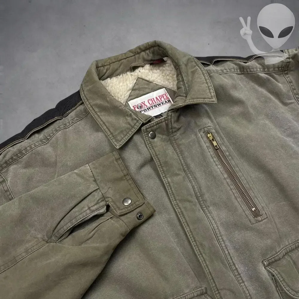 Vintage 90s Fox Chapel Sportswear Utility Bomber Jacket Mens XL Olive Sherpa - Picture 2 of 6